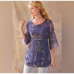 Soft Surroundings Shirt Antonia Silk Tunic Top Purple Women's Large Fairy Rustic